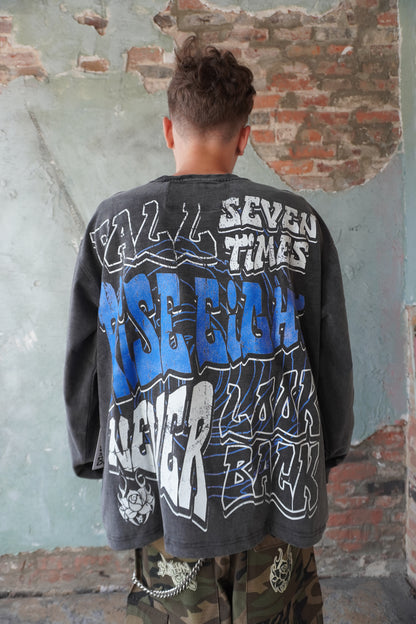 Pushin Flowers The Life graphic long sleeve shirt – PF streetwear, model wearing, full-length
