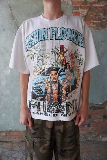 Pushin Flowers Miami Changed My Life rhinestone graphic tee – PF City Series streetwear, model wearing, full-length