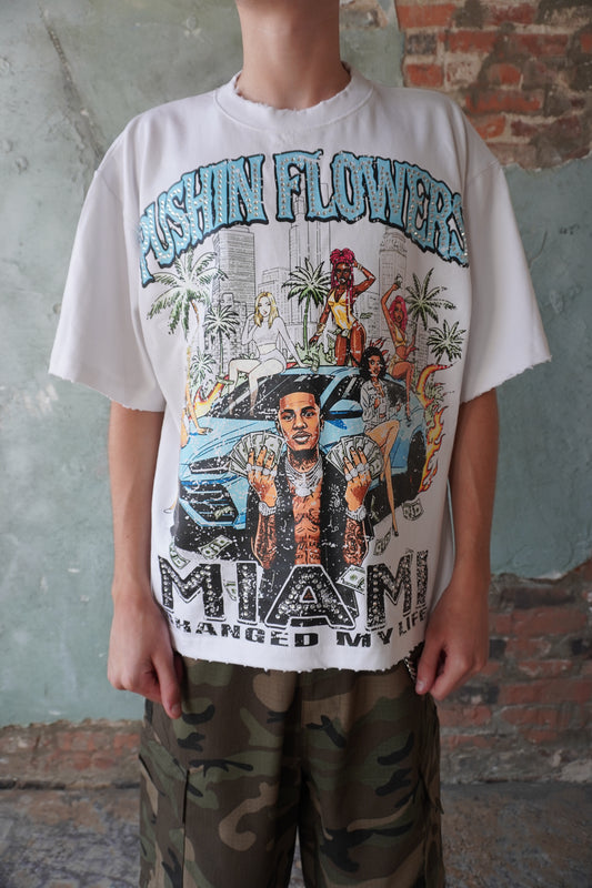 Pushin Flowers Miami Changed My Life rhinestone graphic tee – PF City Series streetwear, model wearing, full-length