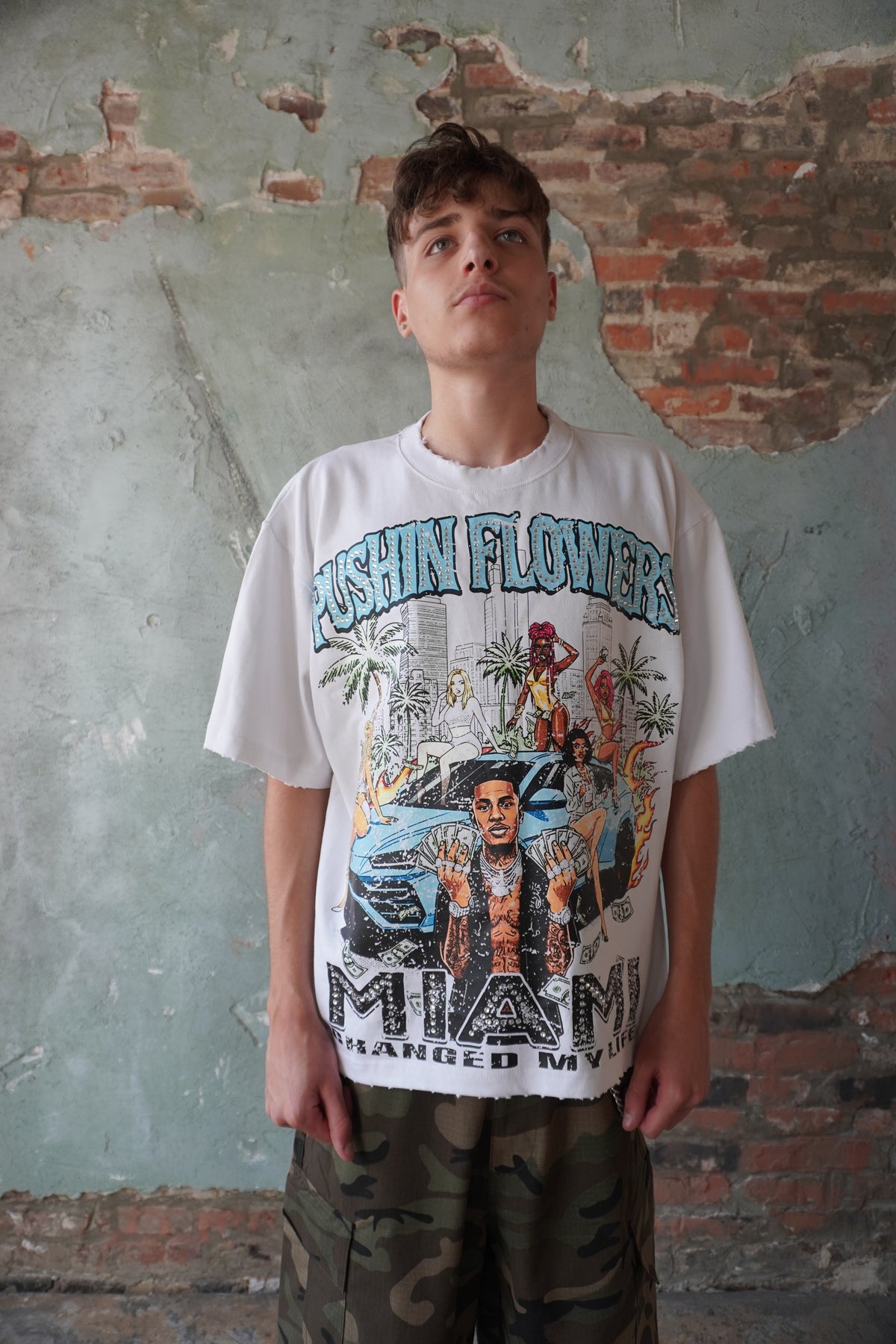 Pushin Flowers Miami Changed My Life rhinestone graphic tee – PF City Series streetwear, front view