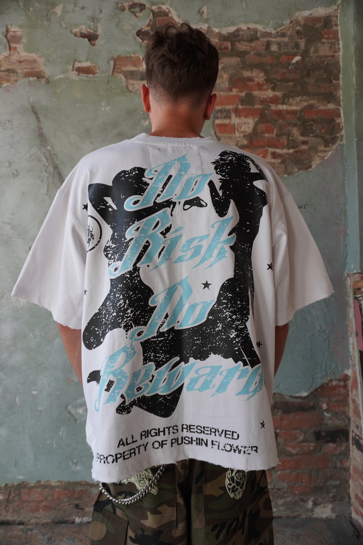 Pushin Flowers Miami Changed My Life rhinestone graphic tee – PF City Series streetwear, angled drop-shoulder fit