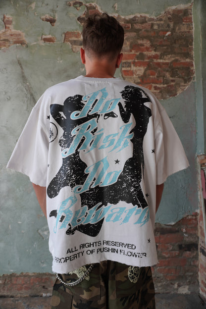 Pushin Flowers Miami Changed My Life rhinestone graphic tee – PF City Series streetwear, angled drop-shoulder fit