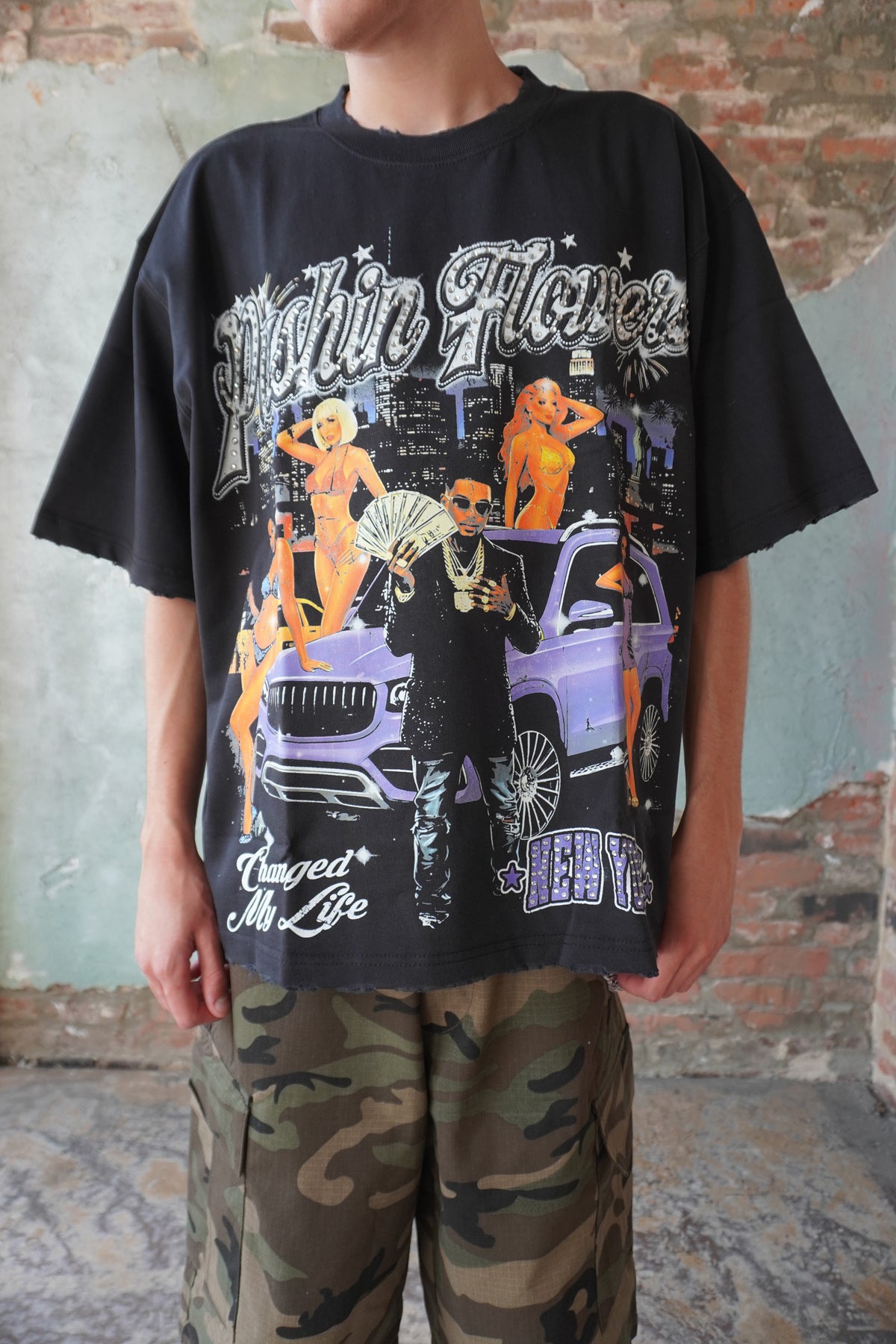 Pushin Flowers New York graphic tee – PF City Series streetwear, angled drop-shoulder fit
