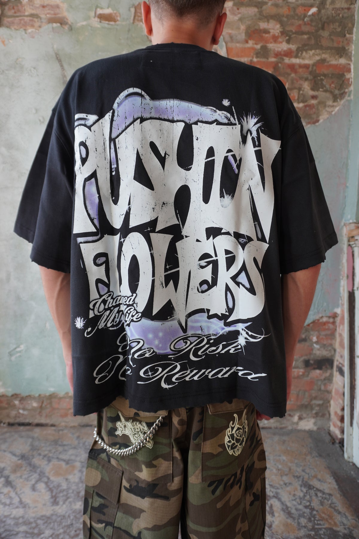 Pushin Flowers New York graphic tee – PF City Series streetwear, model wearing, full-length