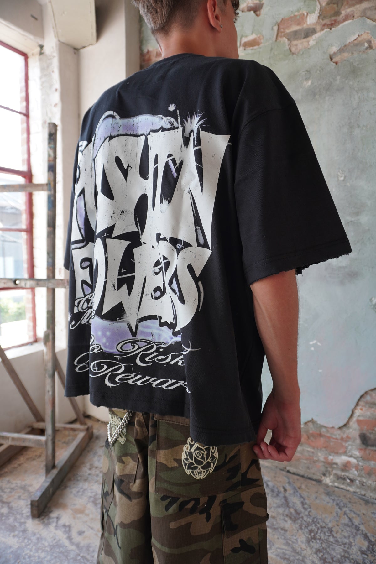 Pushin Flowers New York graphic tee – PF City Series streetwear, close-up detail