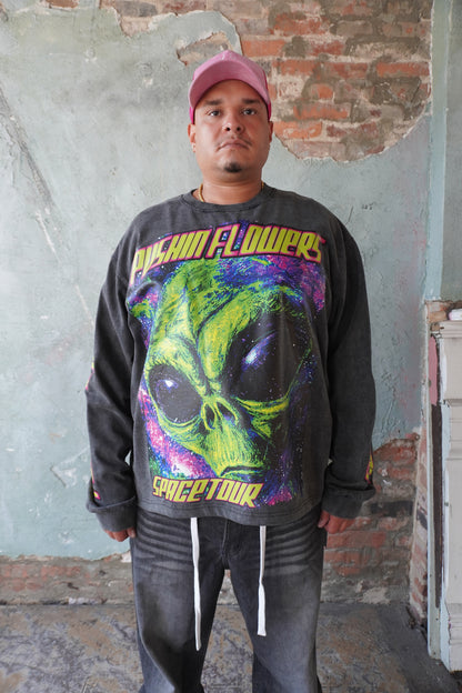 Pushin Flowers Spacetour graphic long sleeve, Galactic Hustle – PF streetwear, front view