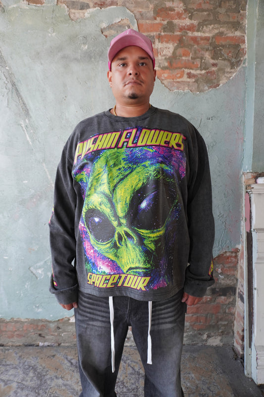 Pushin Flowers Spacetour graphic long sleeve, Galactic Hustle – PF streetwear, front view