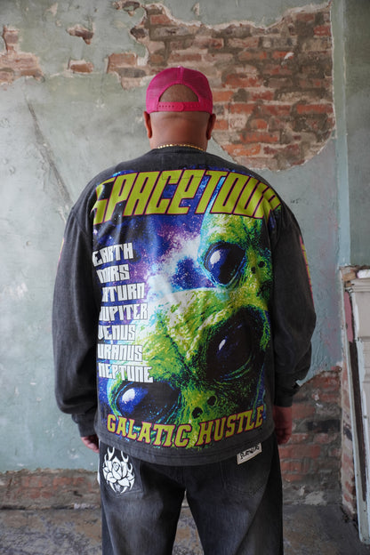 Pushin Flowers Spacetour graphic long sleeve, Galactic Hustle – PF streetwear, angled drop-shoulder fit