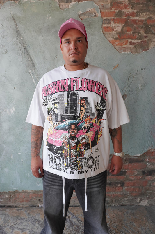 Pushin Flowers Houston graphic tee – PF City Series streetwear, front view