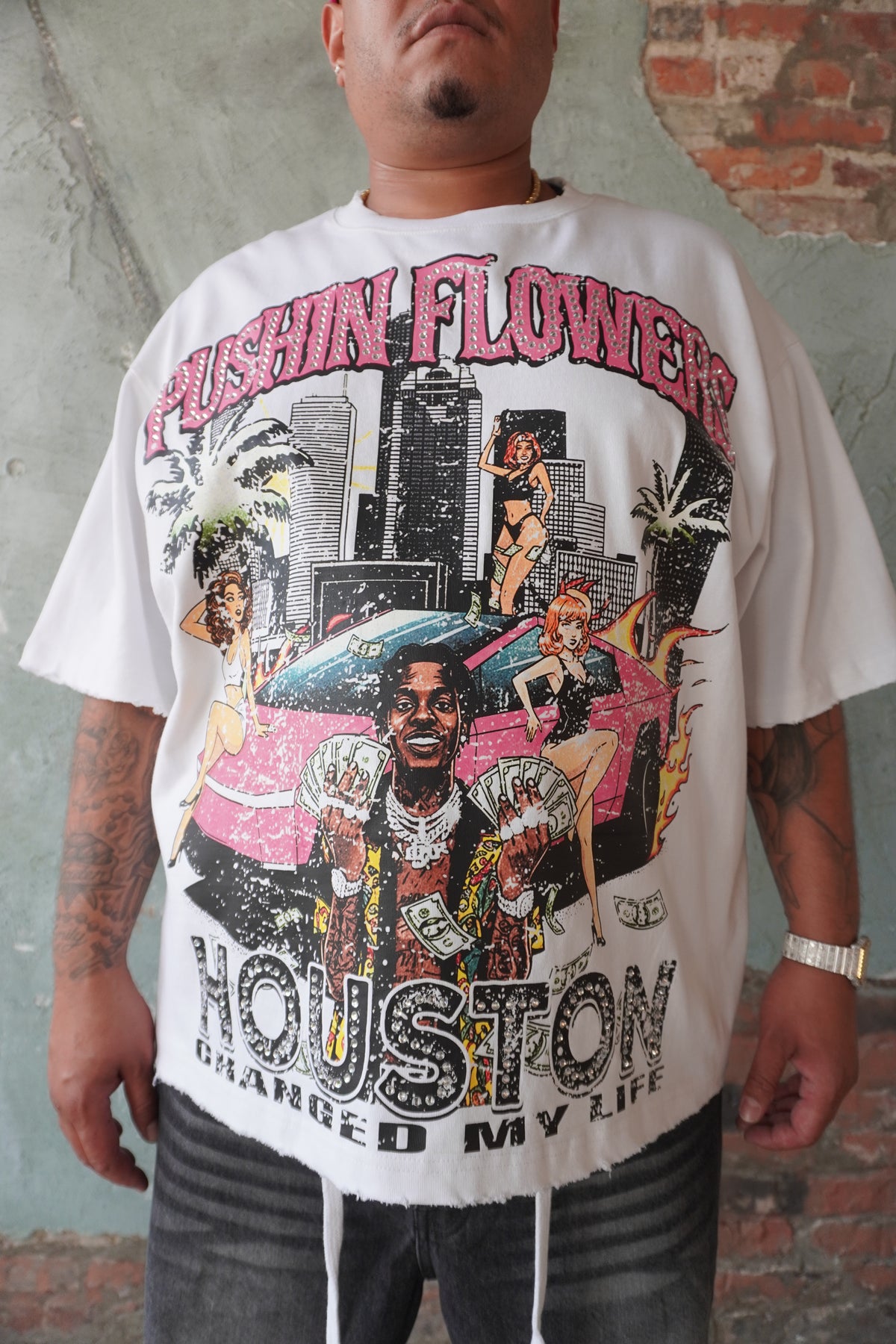 Pushin Flowers Houston graphic tee – PF City Series streetwear, model wearing, full-length
