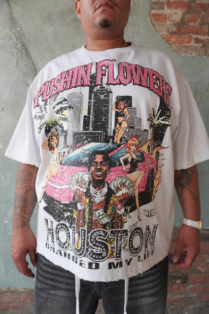 Pushin Flowers Houston graphic tee – PF City Series streetwear, model wearing, full-length