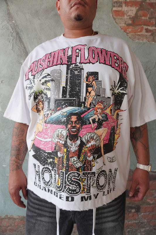Pushin Flowers Houston graphic tee – PF City Series streetwear, model wearing, full-length