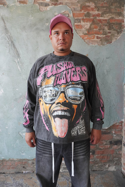 Pushin Flowers The Life graphic long sleeve shirt – PF streetwear, angled drop-shoulder fit