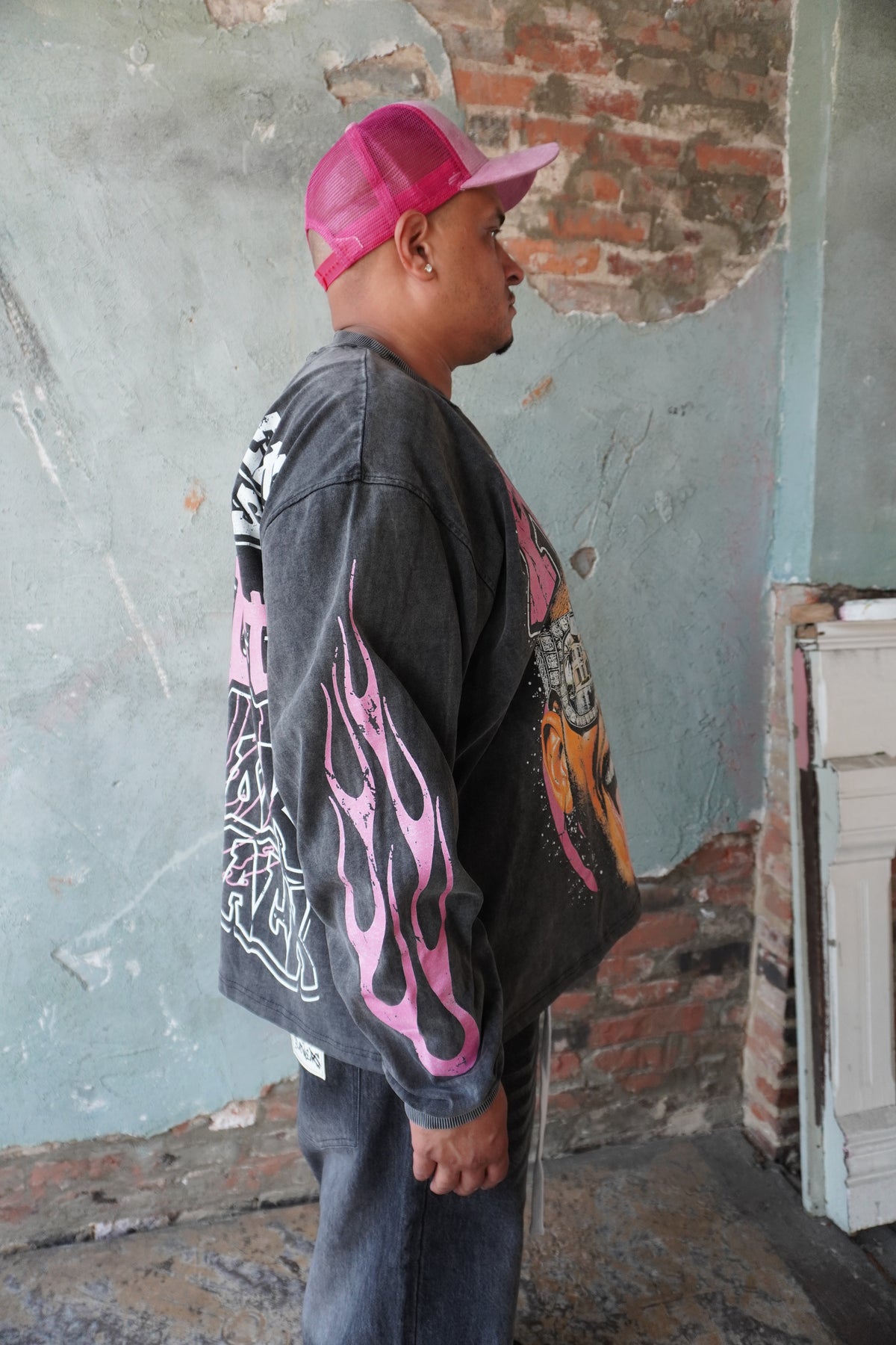 Pushin Flowers The Life graphic long sleeve shirt – PF streetwear, street styling shot