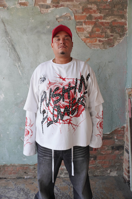 Pushin Flowers rose graphic long sleeve shirt – PF streetwear, front view