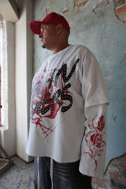 Pushin Flowers rose graphic long sleeve shirt – PF streetwear, street styling shot