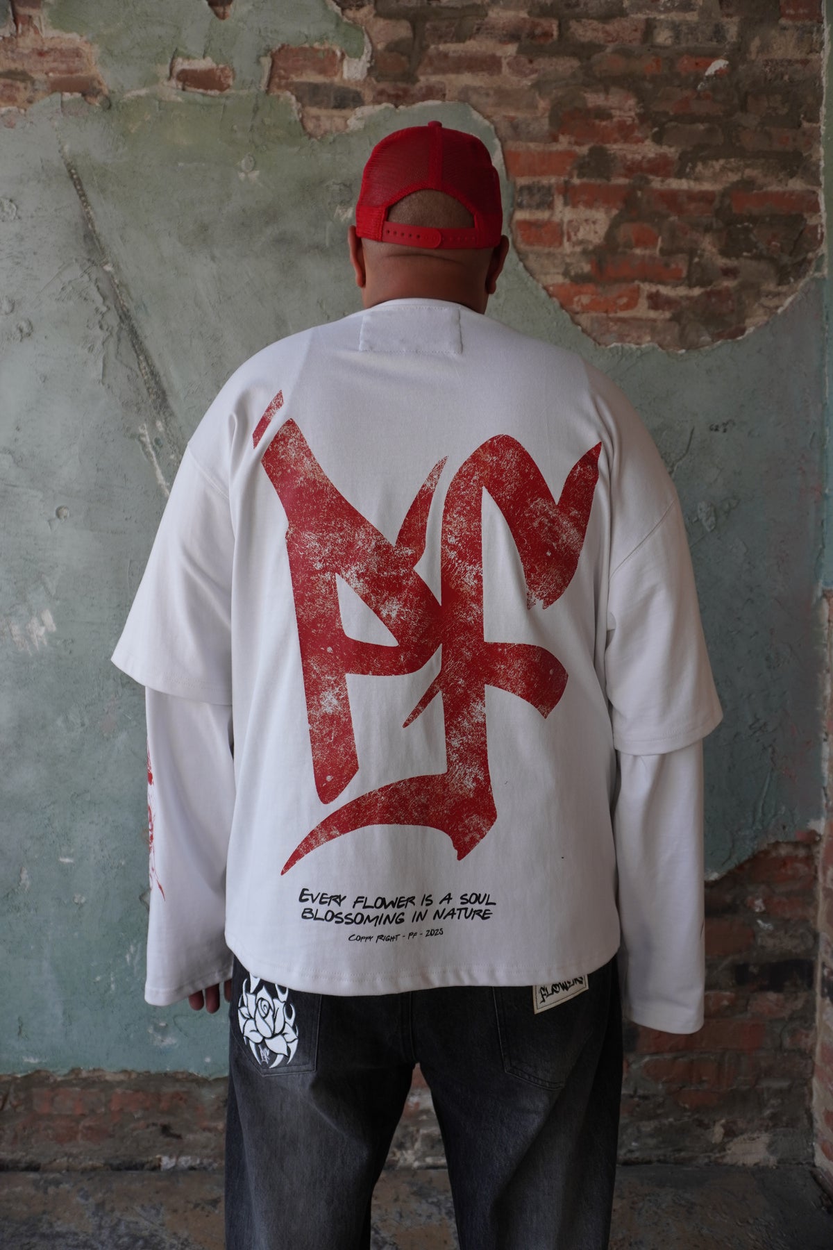 Pushin Flowers rose graphic long sleeve shirt – PF streetwear, model wearing, full-length