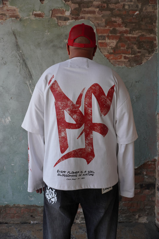 Pushin Flowers rose graphic long sleeve shirt – PF streetwear, model wearing, full-length