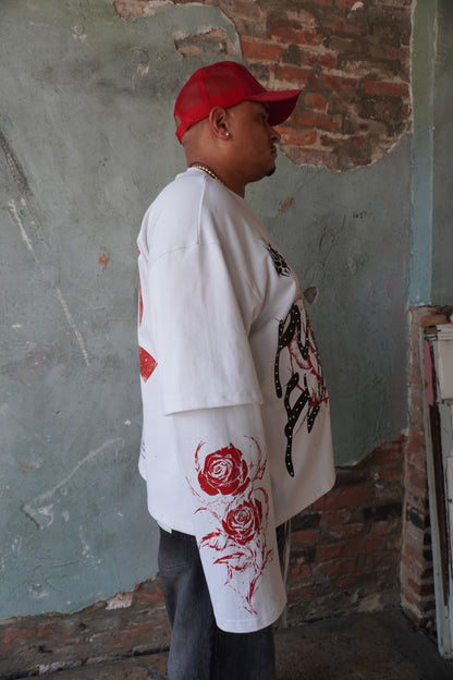 Pushin Flowers rose graphic long sleeve shirt – PF streetwear, angled drop-shoulder fit