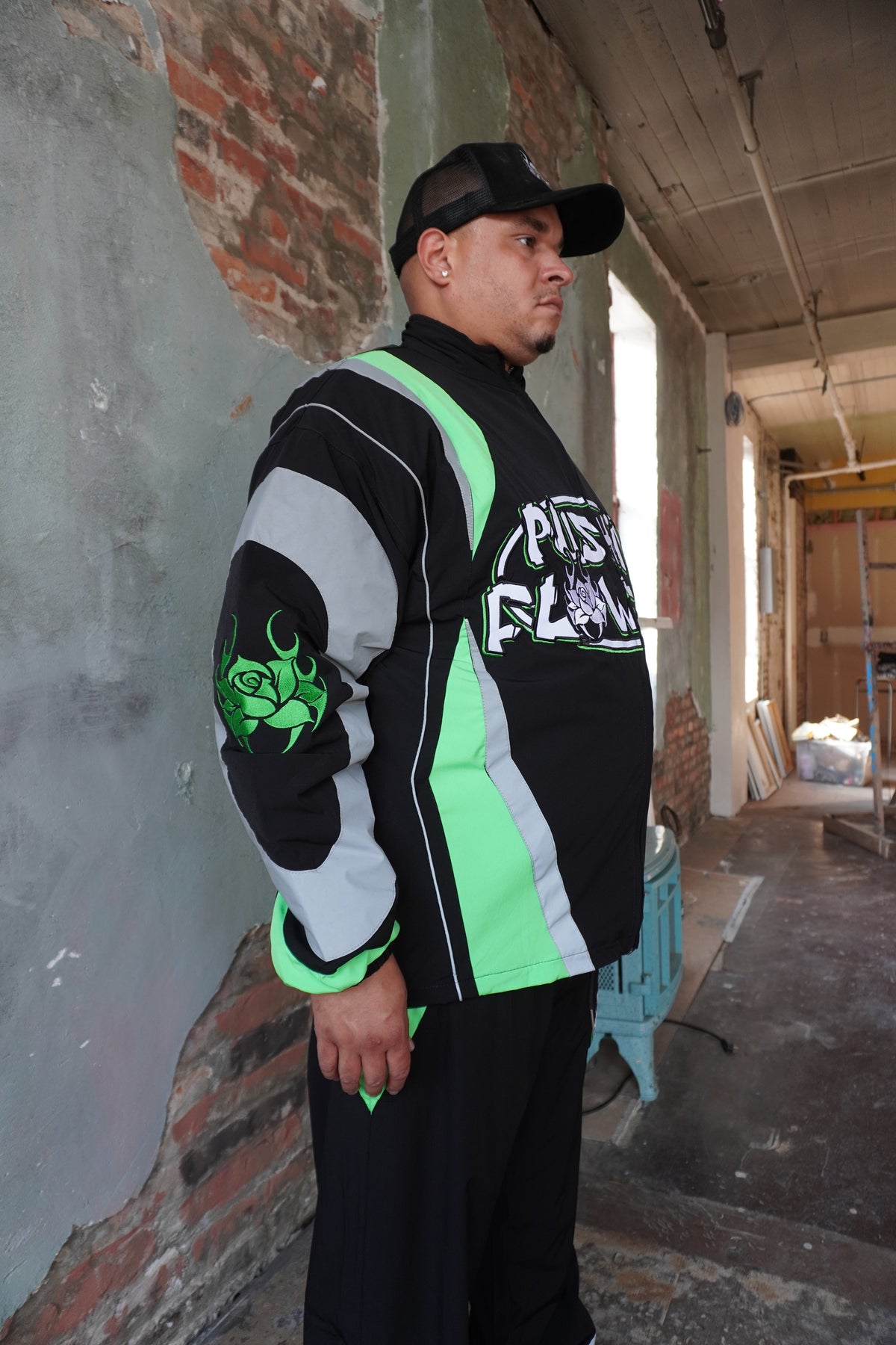 Pushin Flowers two-piece track suit – premium urban streetwear set, street styling shot