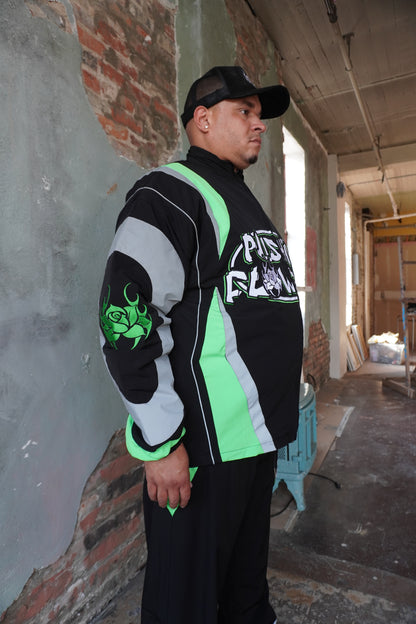 Pushin Flowers two-piece track suit – premium urban streetwear set, street styling shot