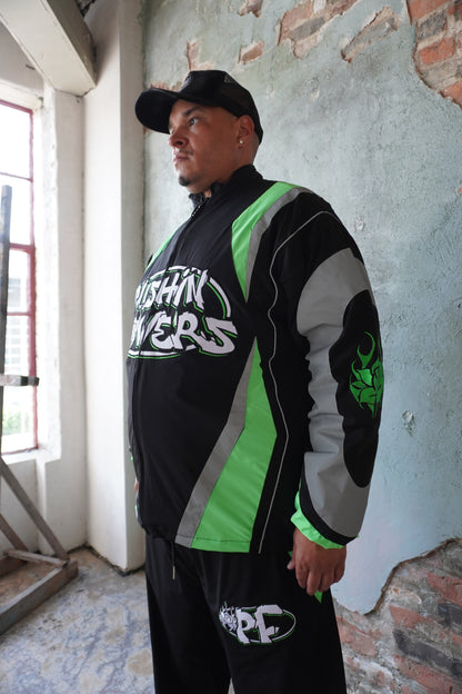 Pushin Flowers two-piece track suit – premium urban streetwear set, front view