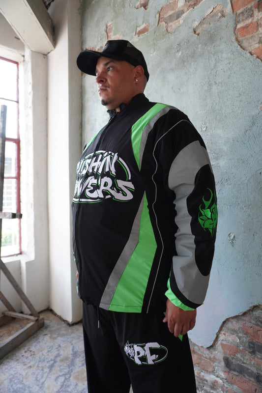 Pushin Flowers two-piece track suit – premium urban streetwear set, front view