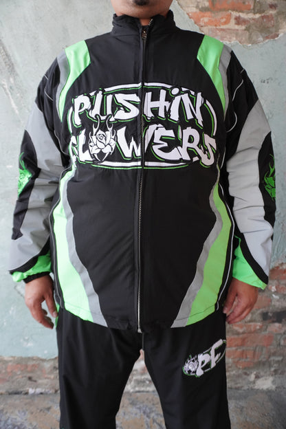 Pushin Flowers two-piece track suit – premium urban streetwear set, model wearing, full-length