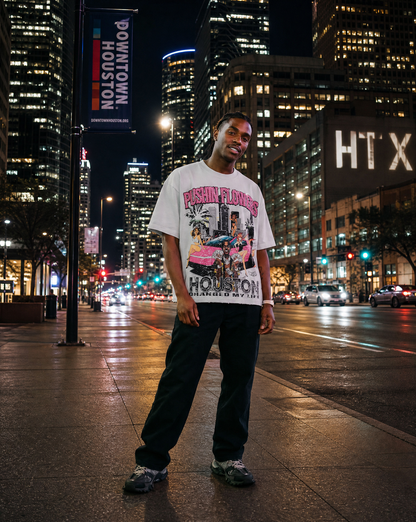 Model wearing Pushin Flowers Houston graphic t-shirt on a downtown Houston street at night