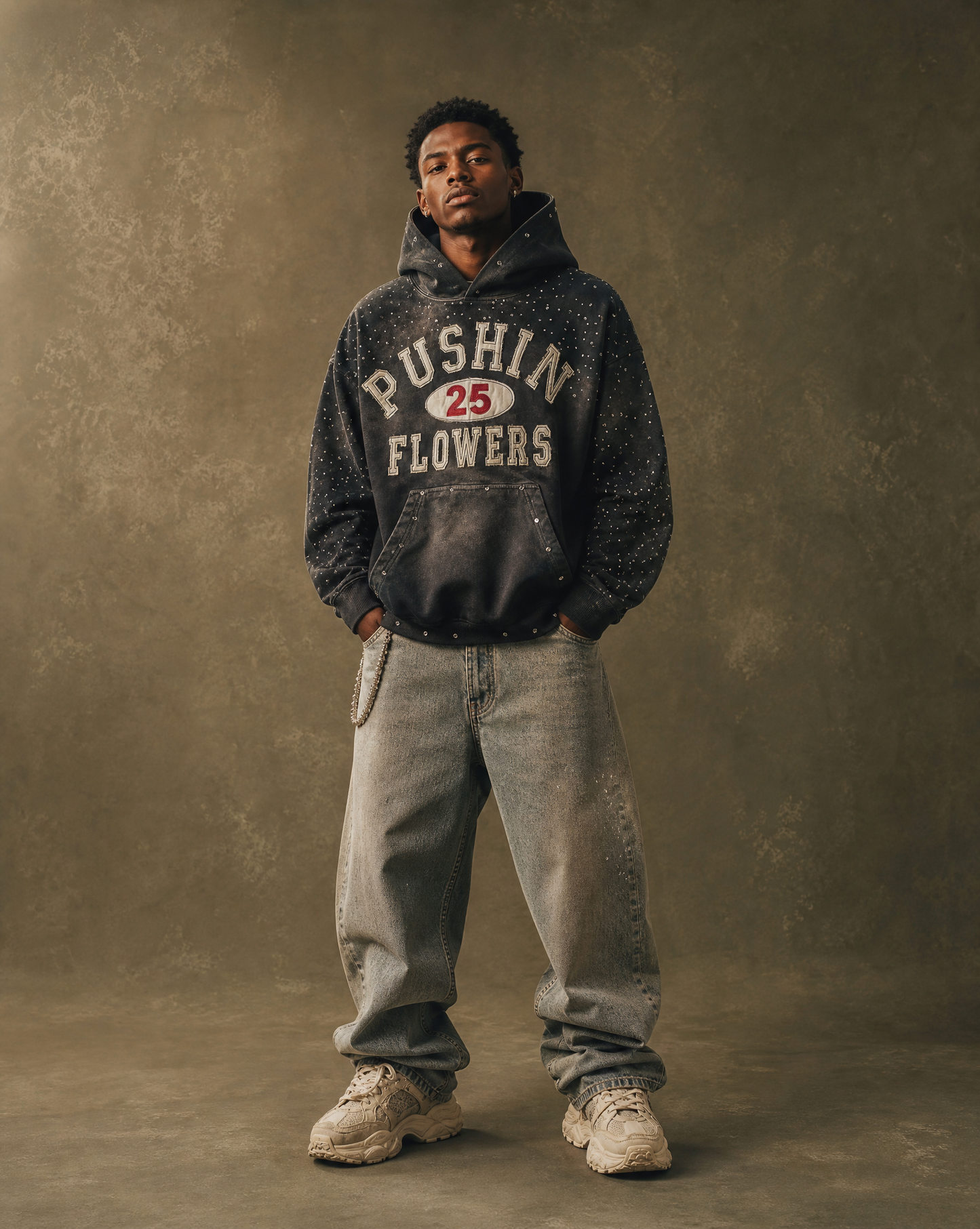 Model wearing Pushin Flowers Rhinestone Patch Hoodie with oversized baggy jeans