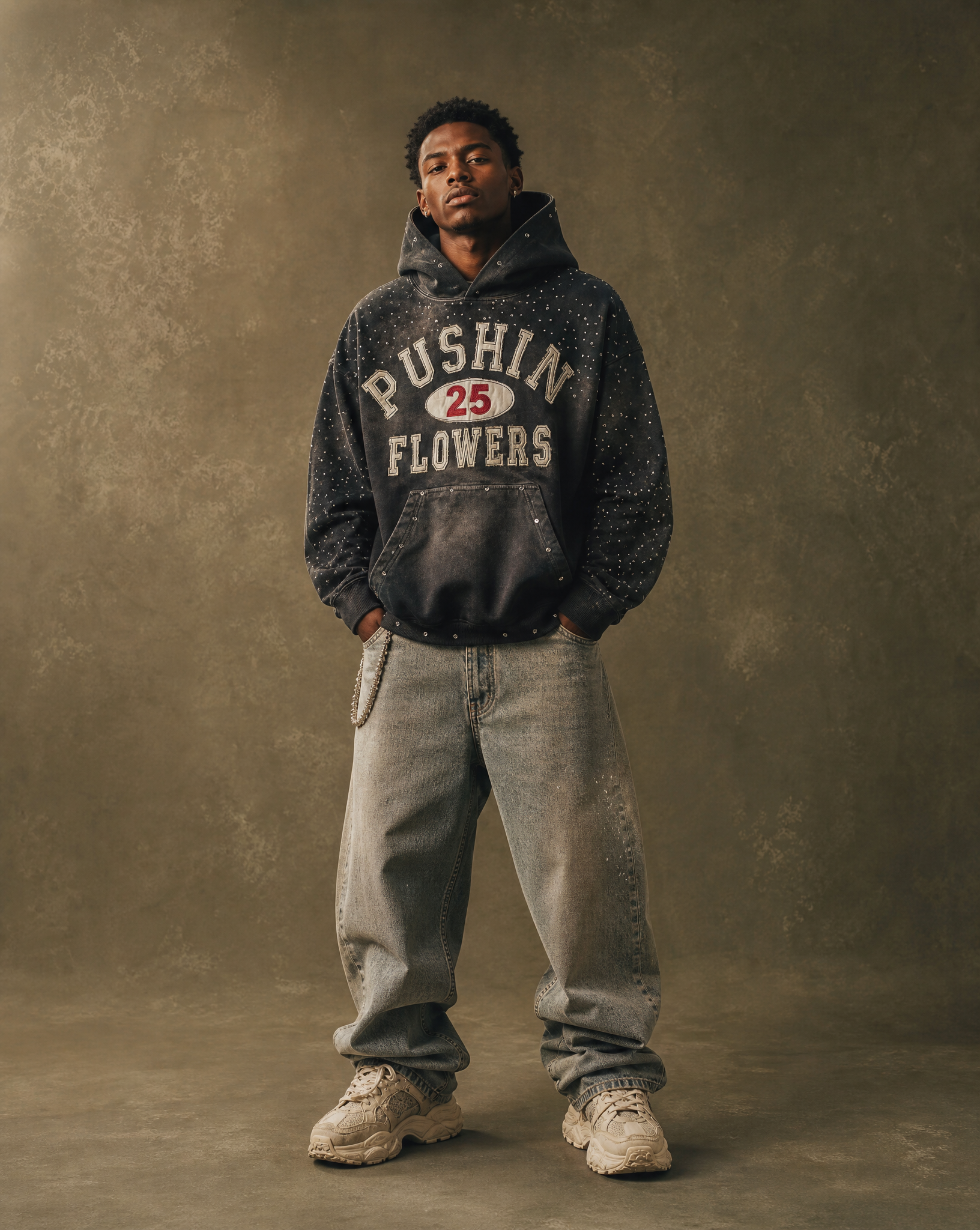 Model wearing Pushin Flowers Rhinestone Patch Hoodie with oversized baggy jeans