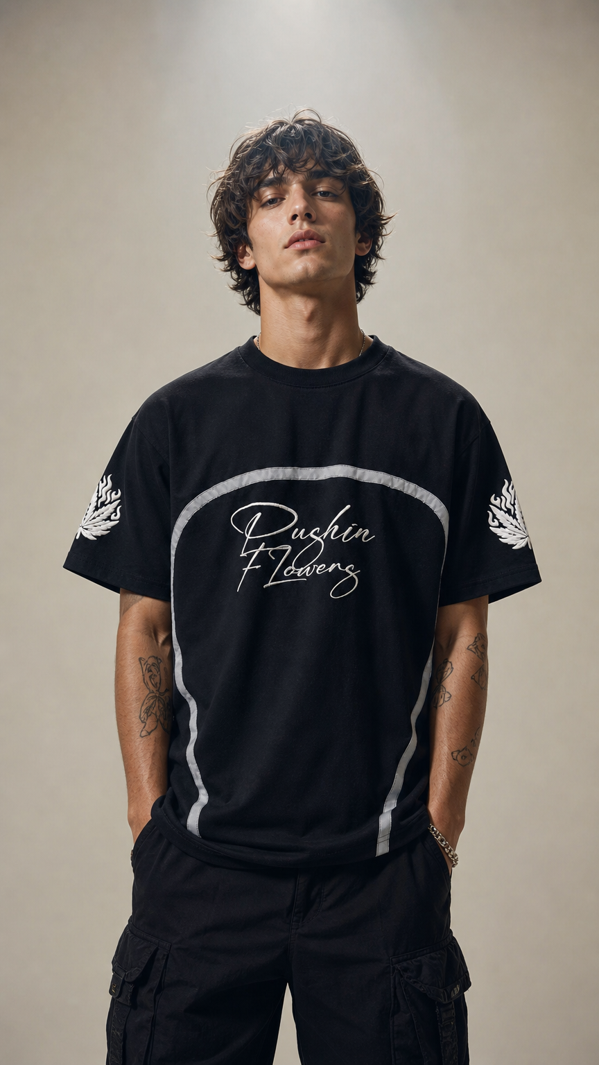 Model wearing Pushin Flowers Leaf Print matching streetwear shirt