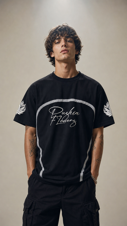Model wearing Pushin Flowers Leaf Print matching streetwear shirt
