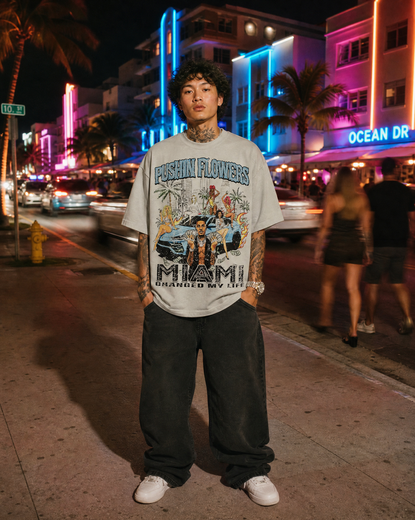 Pushin Flowers "Miami Changed My Life" rhinestone graphic t-shirt, product detail