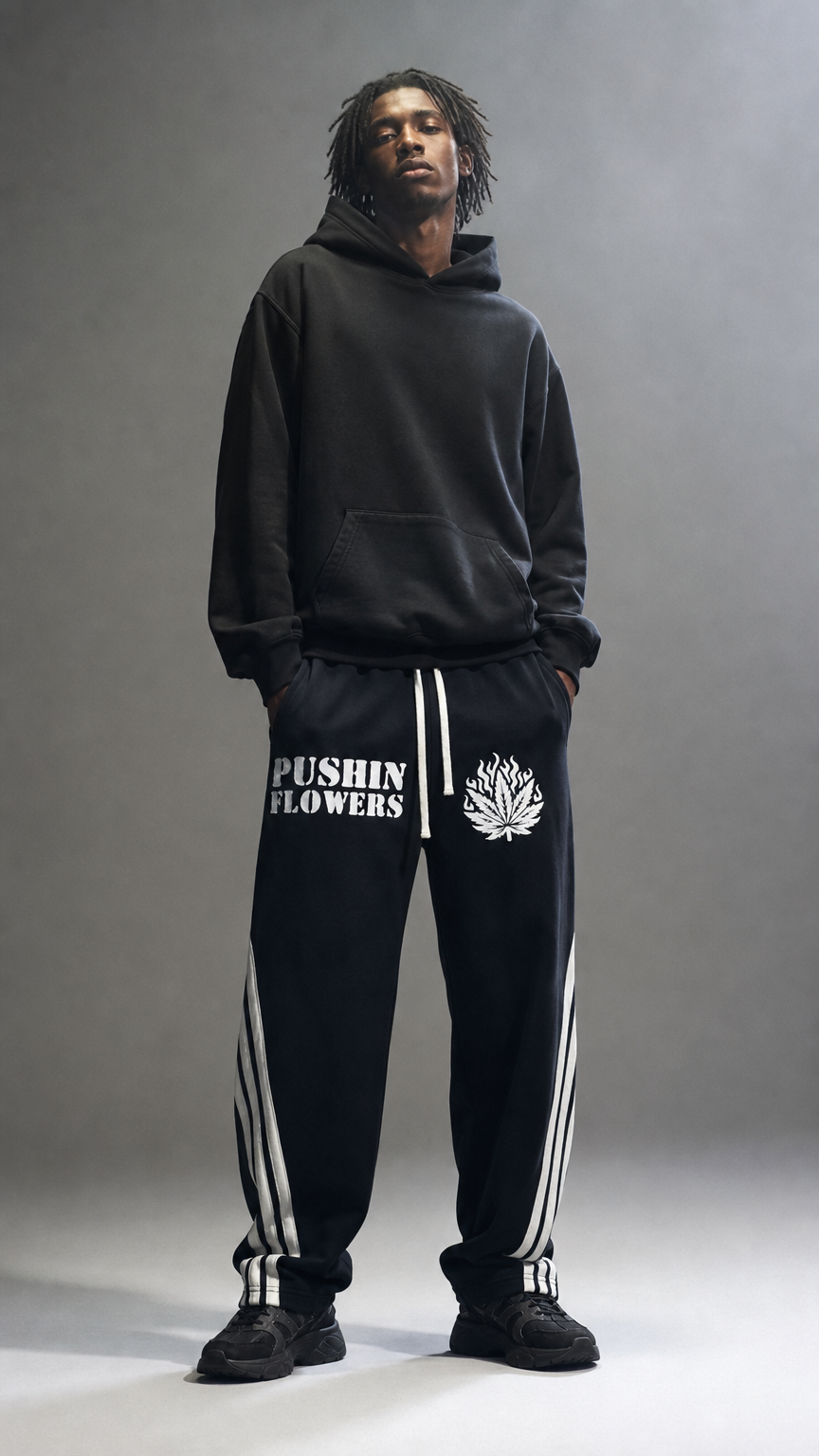Model wearing Pushin Flowers Striped baggy pants, streetwear photo