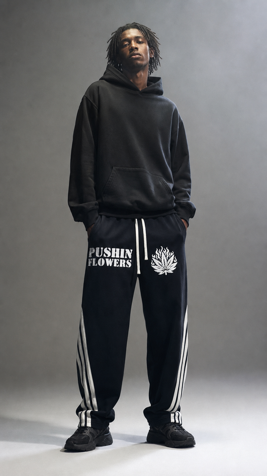 Model wearing Pushin Flowers Striped baggy pants, streetwear photo