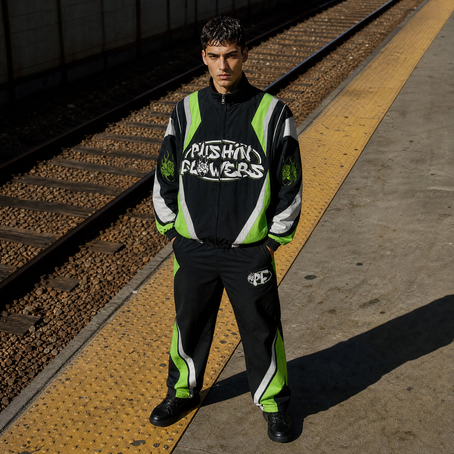 Model wearing the Pushin Flowers two-piece track suit streetwear set on a city street