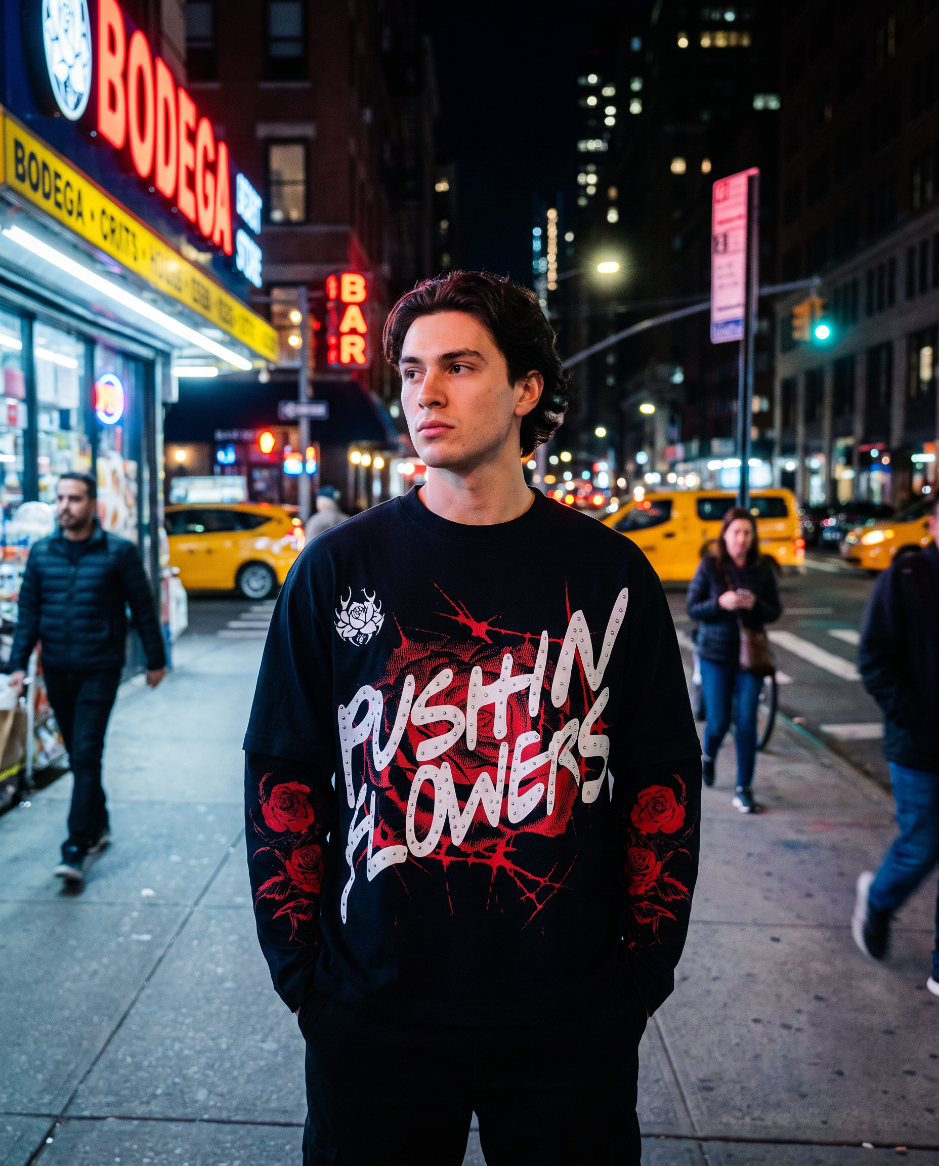 Model wearing Pushin Flowers Rose graphic long sleeve shirt, full body street style